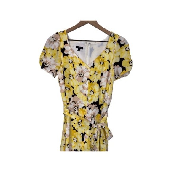 Talbots. Black Yellow Floral Print Button-Front Short Sleeves Midi Dress 4 - Picture 4 of 9